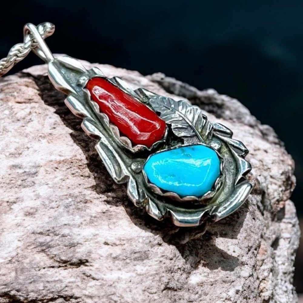 🌺Vintage Zuni Vance Cheama Sterling, Turquoise & Coral Necklace - Picture 3 of 11